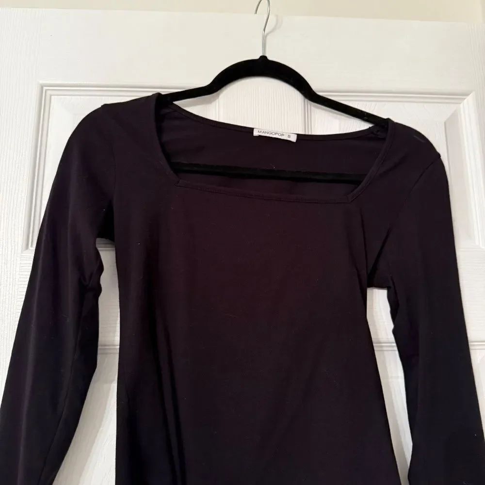 MANGOPOP Women's Square Neck Short Sleeve Long Sleeve Bodysuit Black - Picture 3 of 5